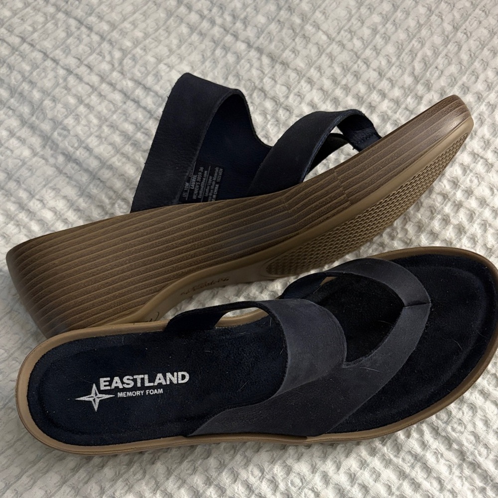 Eastland Black and Brown Wedge Slide Sandals